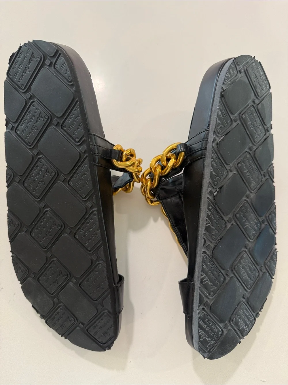 Sam Edelman Black Leather Slide Sandals with Gold Chain Trim - Picture 3 of 6